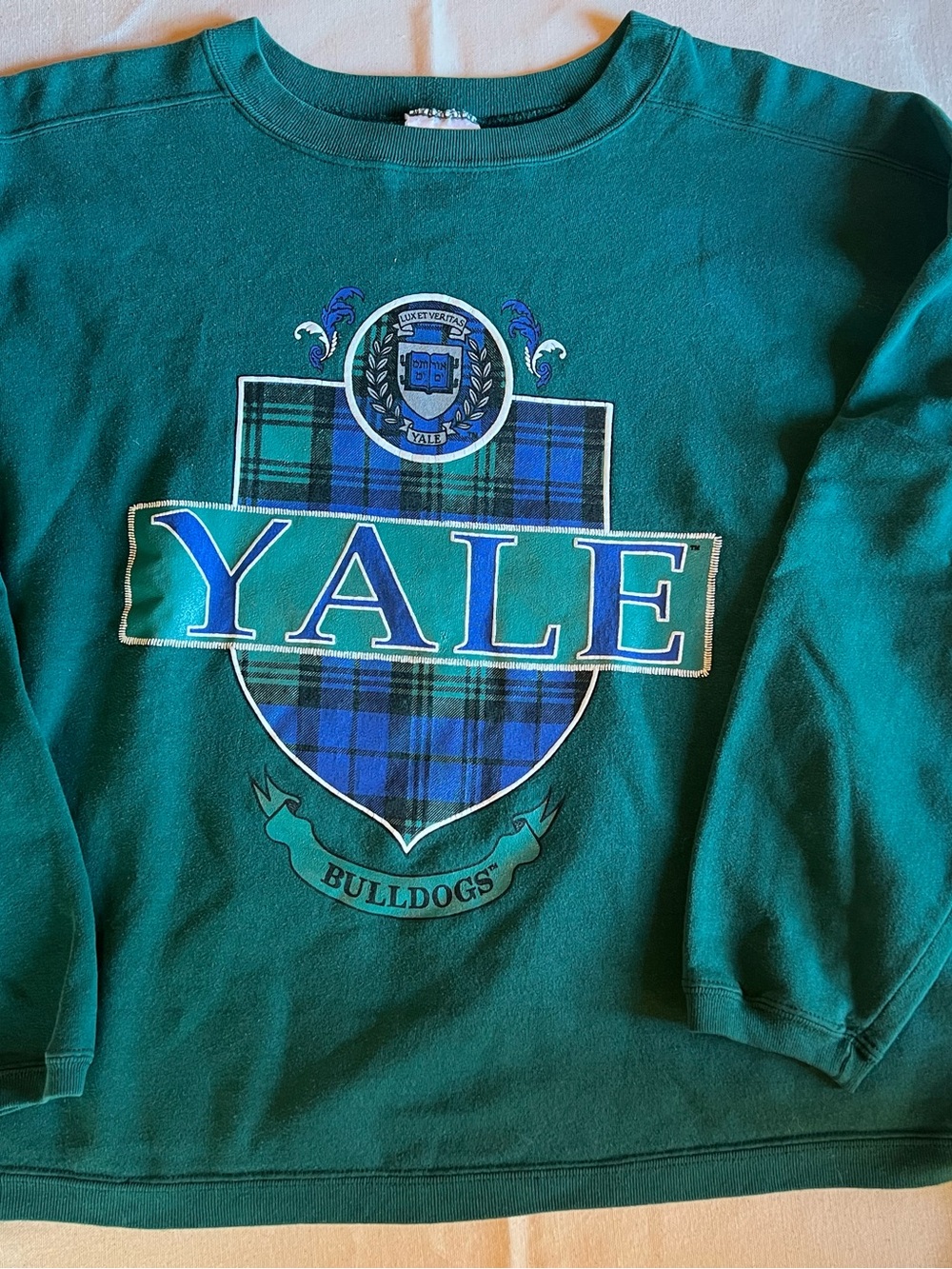 Vintage 90s Yale Bulldogs Plaid Crest Crewneck Sweatshirt Teal Green